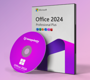 A sleek digital representation of an official Microsoft Office 2024 Pro Plus Activation Key glowing on a slate grey background.